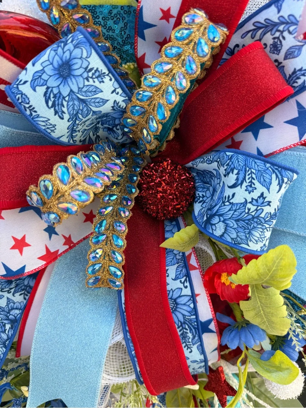 Hand Crafted Red, Blue & White Patriotic Teardrop Wreath